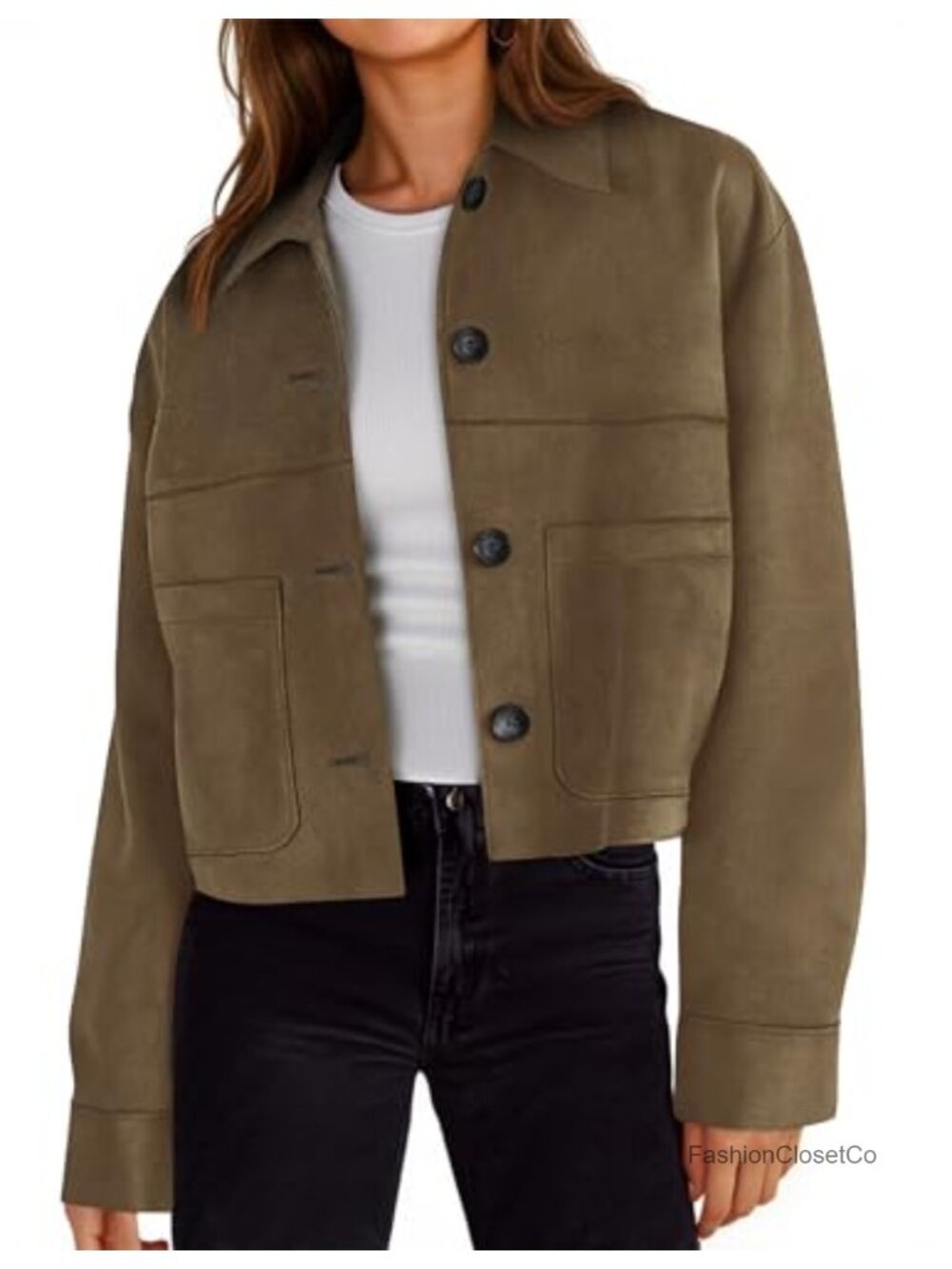 Faux Suede Cropped Jacket Button Utility Pockets